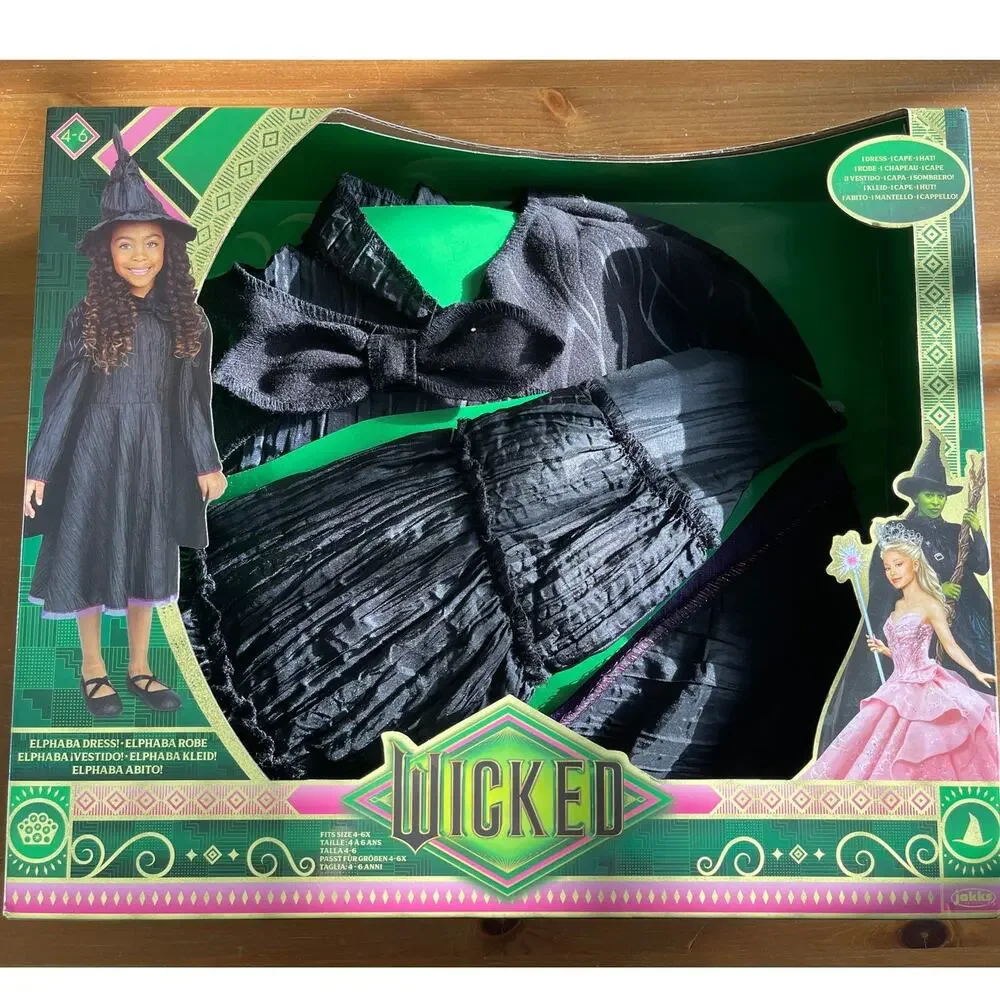 Wicked Deluxe Elphaba Black Dress & Accessories Girls Child Dress Up Size 4-6X